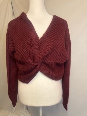 Fashion Nova Burgundy Twist-Front V-Neck Sweater